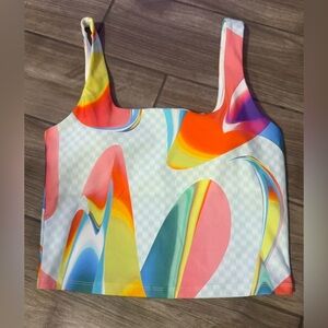 Fabletics Pink and Yellow Graphic Crop Tank Top size medium built in bra